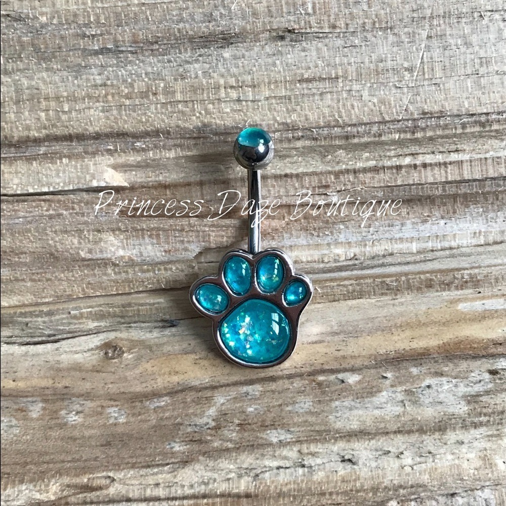 Blue Opal Silver Paw Belly Button Ring‎